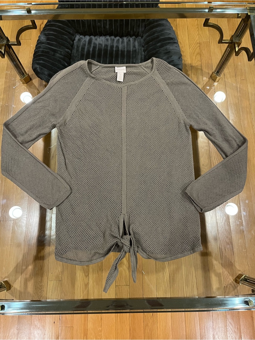 Chico's Open-Knit Crewneck Sweater with Front Tie